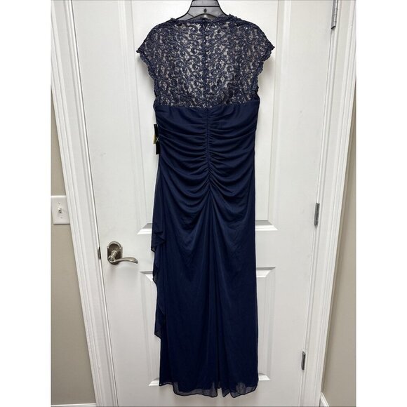 XSCAPE Size 16 Navy Metallic Lace Sleeve Chiffon Ruffled Cascade Gown Dress New - Picture 8 of 12